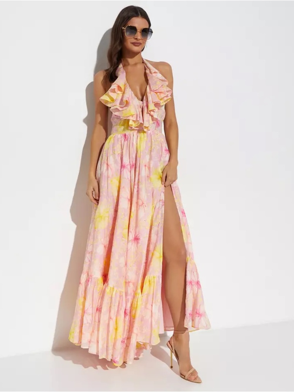 NWT LoveShackFancy Pink Yellow Floral Ruffle Halter Maxi Dress 8